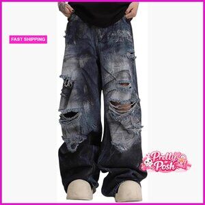 Distressed Wide Leg Jeans - Vintage Washed Ripped Denim Streetwear Pants